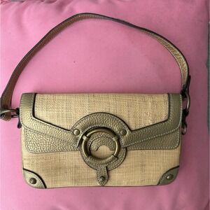 J.Crew Straw and Metallic‎ Gold Leather Trim Shoulder Bag Flap Close 9.5"x6"